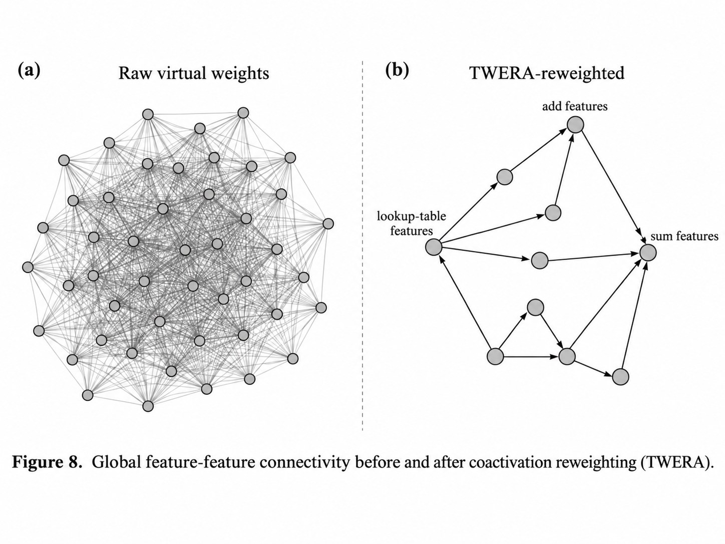 Network diagram: Dense force-directed network graph with dozens of small nodes and many crossing, tangled gray edges representing 'raw virtual weights, mostly noise,' positioned on the left